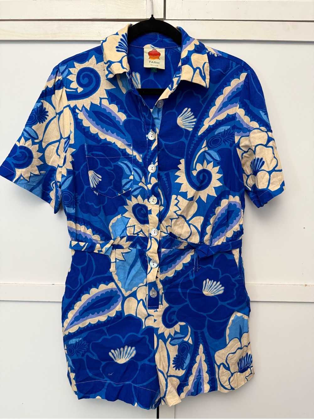 Farm Rio Tropical Groove Blue Floral Linen Romper XS - Picture 6 of 6